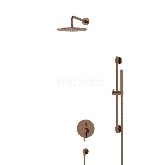Kupferfarbene Regenduschen mit runder Dusche, Handbrause und Thermostatarmatur; elegantes Design für moderne Bäder.