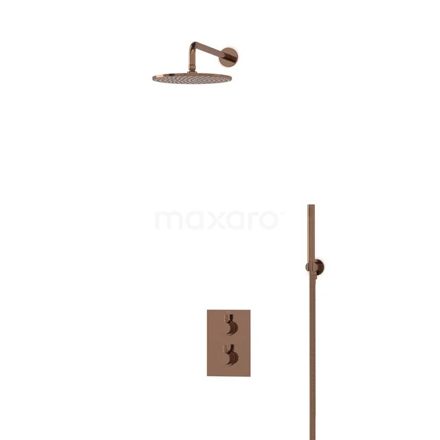 Bronzen Regenduschen mit runder Kopf, Handbrause und Thermostatarmatur, ideal für ein stilvolles Badezimmer.