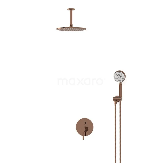 Kupferne Regenduschen mit runder Kopfbrause, Handbrause und Unterputz-Armatur, ideal als luxuriöses Badezimmeraccessoire.