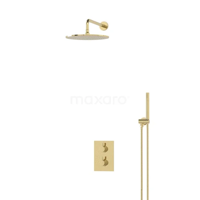 Golden rain shower set with round overhead shower, hand shower and built-in controls; a luxurious addition to modern bathrooms.