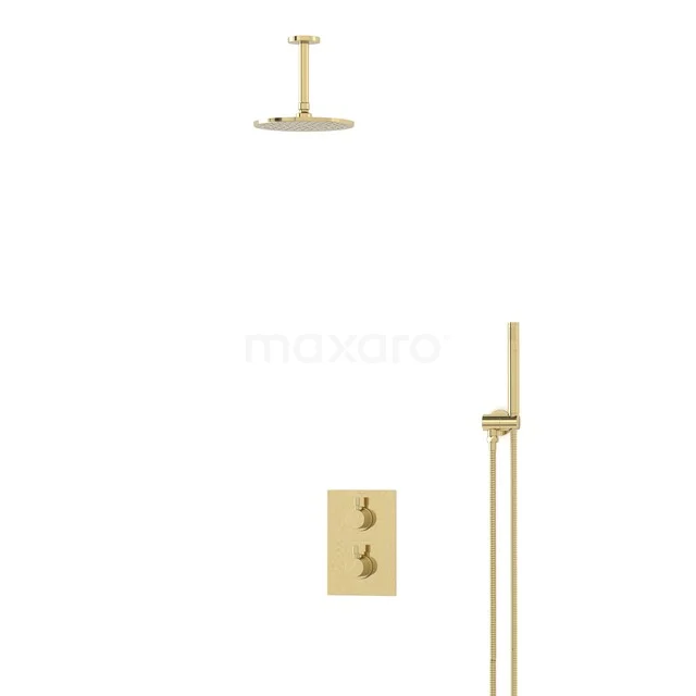 Gold built-in rain shower set with luxury finish and hand shower, ideal for a stylish and modern bathroom.