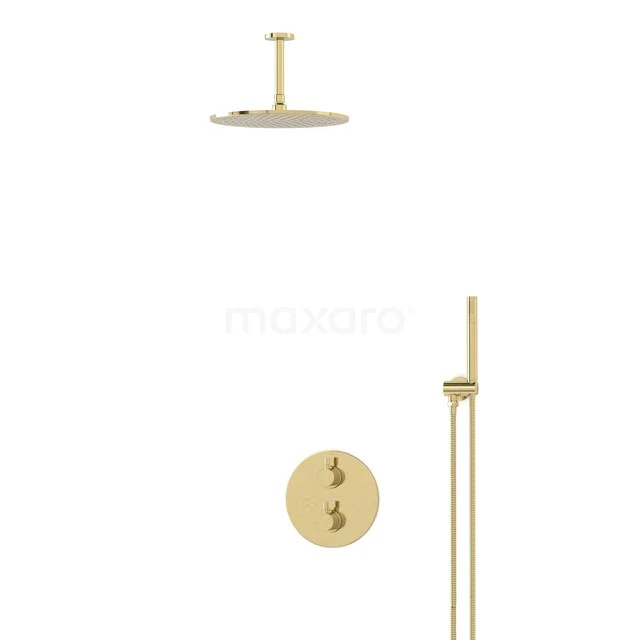 Radius Einbau Regenduschen-Set | Glänzendes Lichtgold 30 cm Kopfbrause Thermostatisch BIGLG55-00018 Goldene Regenduschen mit runder Kopfbrause, runder Thermostatarmatur und Handbrause, perfekt für einen luxuriösen Badezimmerstil.