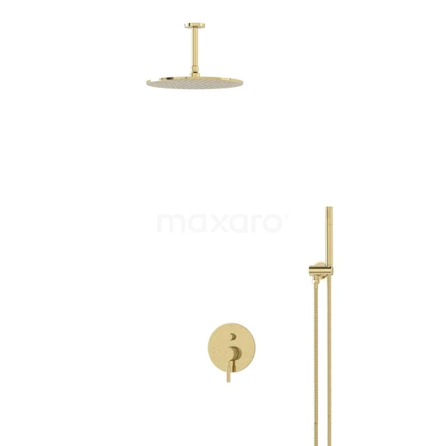 Goldene Regendusche mit runder Kopf, wandmontierte Thermostatarmatur und Duschset, modernes Design für das Badezimmer.