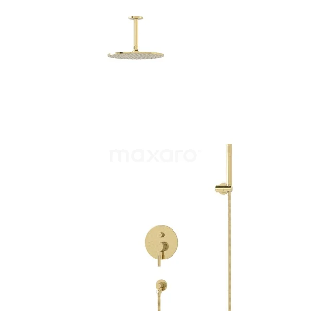 Goldene Einbau-Regenduschen mit Handbrause, runde Formen, geeignet für moderne Badezimmer.