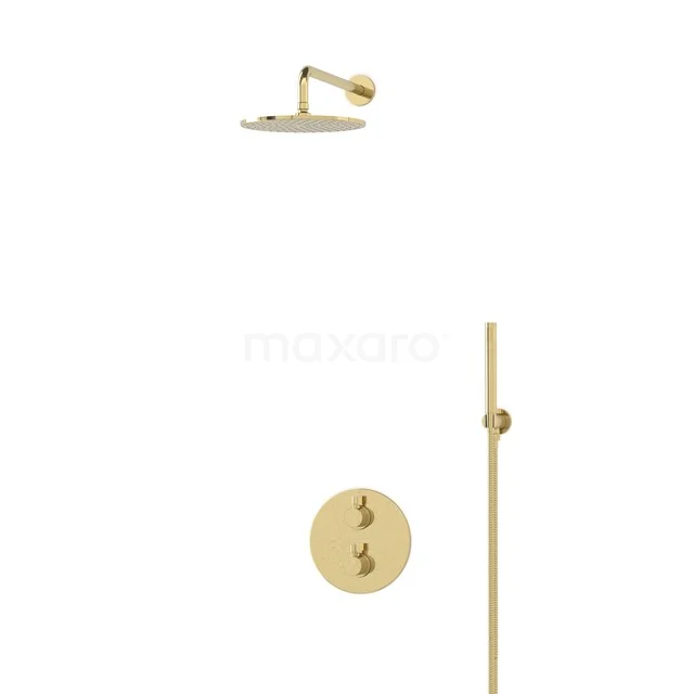 Radius Einbau Regenduschen-Set | Glänzendes Lichtgold 25 cm Kopfbrause Thermostatisch BIGLG55-00040 Gold Regenduschen Set mit runder Kopf und Handbrause, einschließlich Einbau Thermostatarmatur für ein luxuriöses Badezimmererlebnis.