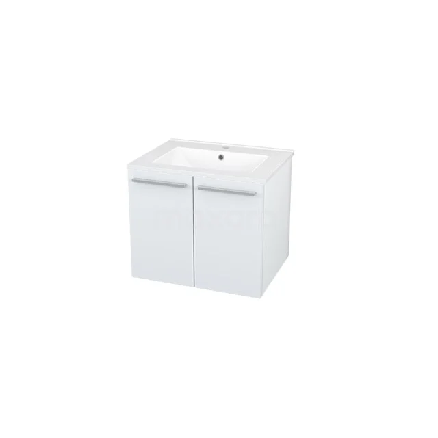 Wit badkamermeubel met keramische wasbak, strak design en twee opbergdeuren, perfect voor moderne badkamers.