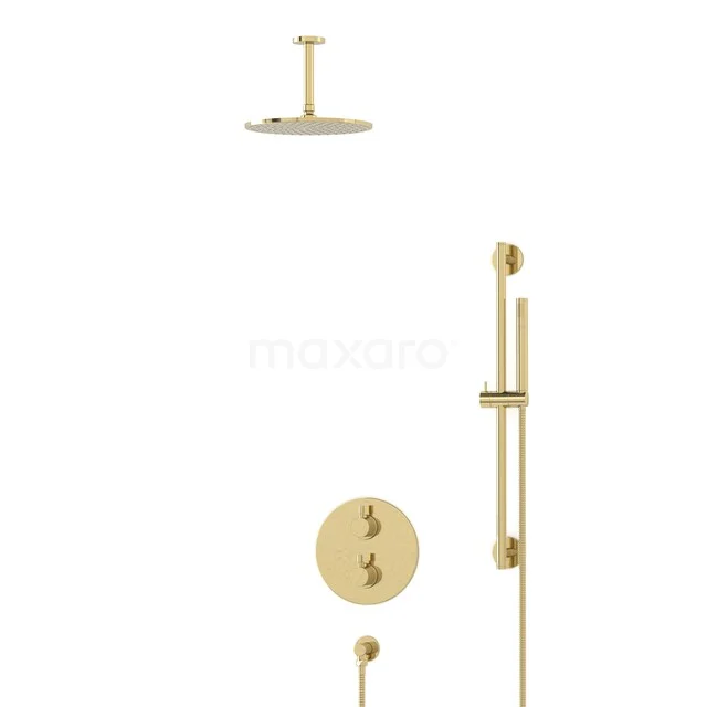 Radius Einbau Regenduschen-Set | Glänzendes Lichtgold 25 cm Kopfbrause Thermostatisch BIGLG55-00067 Goldene thermostatische Regenduschen mit runder Duschekopf und glänzender Oberfläche, ideal für ein stilvolles Badezimmer.