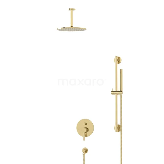 Gouden regendoucheset met ronde kop en handdouche, past perfect in een moderne badkamerstijl.