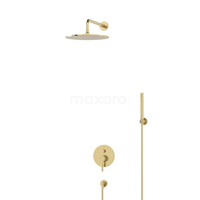 Gold Regenduschen Set mit runder Kopf, Wandarm und Handbrause, ideal für ein luxuriöses Badezimmererlebnis.