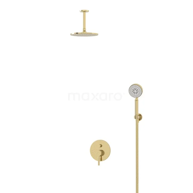 Gold Regendusche Set mit runder Kopf, Handbrause und Einbau-Thermostat, ideal als luxuriöse Badezimmer-Upgrade.