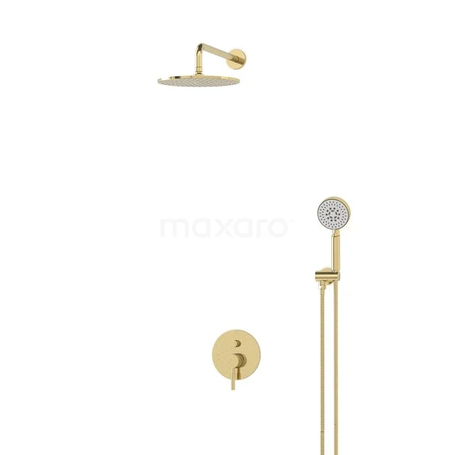 Golden rain shower with hand shower and round thermostat knob, perfect for a luxury bathroom style.