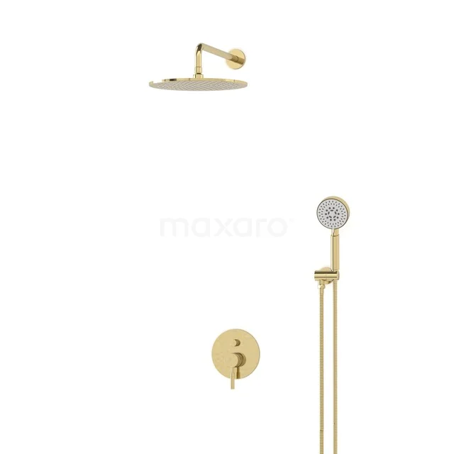 Gold Einbau-Regendusche mit Handbrause, runde Formen und modernem Design, perfekt für ein stilvolles Badezimmer.