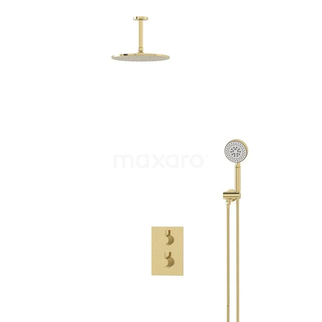 Gold Regenduschen Duschset mit eingebautem Thermostat, runder Duschkopf und Handbrause, ideal für ein stilvolles Badezimmer.