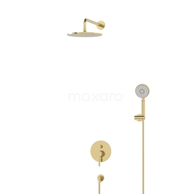 Goldene Regenduschen-Set mit runder Kopfbrause, Handbrause und Thermostatarmatur, ideal für ein luxuriöses Badezimmer.