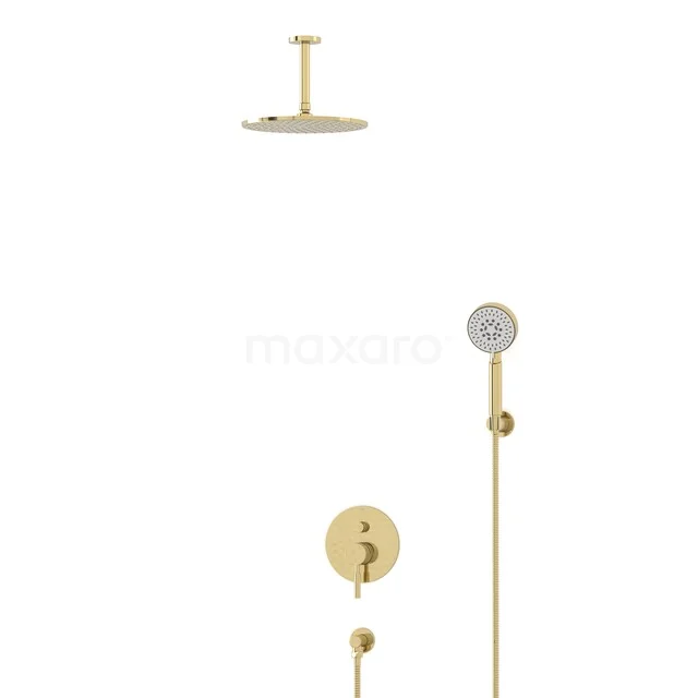 Golden rain shower set with round head and detachable hand shower, modern brass design, ideal for a luxury bathroom style.