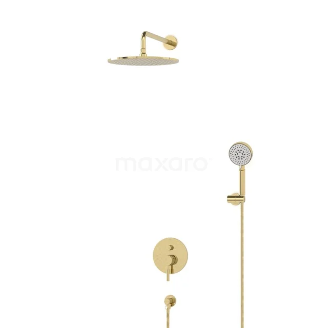 Golden rain shower set with round head and hand shower, modern design for a luxury bathroom experience.