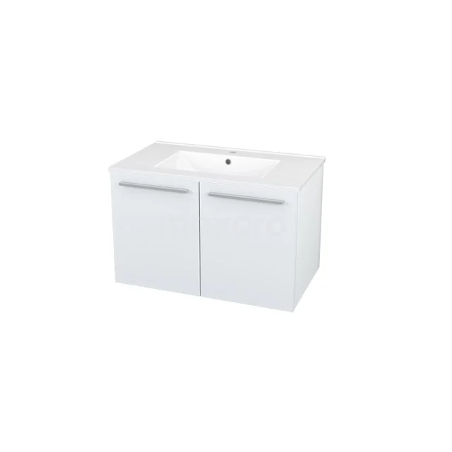 Badmöbel 80cm Box Weiß 2 Türen Flaches Waschbecken Keramik BMW27-00015 Weißes Badezimmermöbel mit doppelten Schubladen, modernem Design, glänzender Oberfläche und keramischem Waschbecken. Perfekt für jedes Badezimmer.