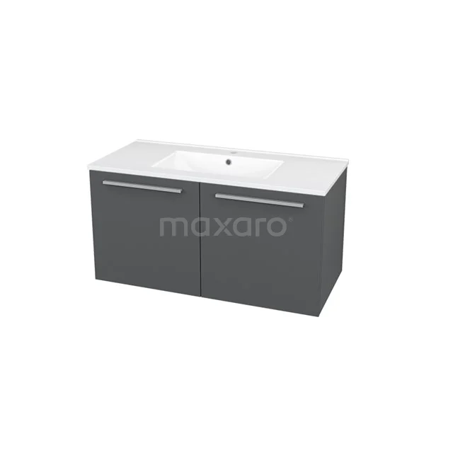 Grey bathroom cabinet with double doors and integrated white basin, modern design, ideal for organised bathroom storage.