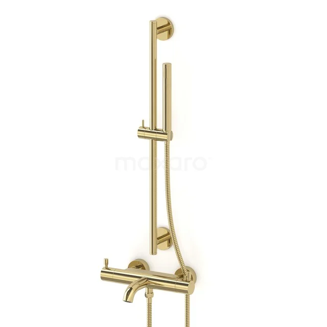 Gold rain shower set with a glossy finish, including a sliding rail and thermostat tap, stylish for any modern bathroom.