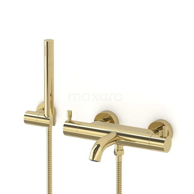 Golden bath tap with hand shower, modern design made of brass, wall-mounted, ideal as a luxurious addition to your bathroom.