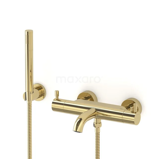 Gold wall-mounted bath tap with round shapes, hand shower and modern design; a luxurious addition to any bathroom.