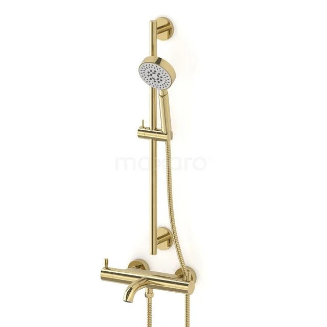 Gold-coloured rain shower set with a round shower head and glossy finish, ideal for a luxurious look in the bathroom.