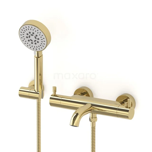 Radius Construction Bath Tap Set | Shiny Light Gold | Thermostatic Tap with 5-Function Hand Shower COGLG55-00005 Gold shower tap with hand shower and wall mounting, modern design, ideal for a stylish bathroom.