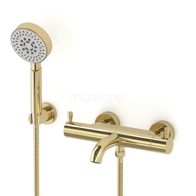 Radius Construction Bath Tap Set | Shiny Light Gold | Thermostatic Tap with 5-Function Hand Shower COGLG55-00004 Golden shower and bath mixer tap with round hand shower, wall-mounted and modern design for a stylish bathroom.