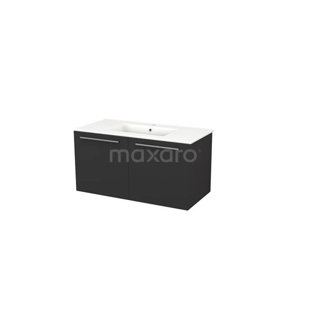 Box Badkamermeubel met wastafel | 100 cm Mat zwart melamine front Keramiek 2 deuren BMW27-00019