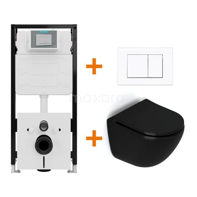 Toiletset Mat zwart zonder Spoelrand + Maxaro Flush Pro inbouwreservoir met geluidsisolatie TOI1792
