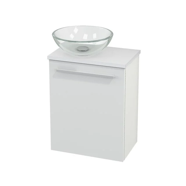 White Bathroom unit with glass basin, sleek design, ideal for compact bathrooms.