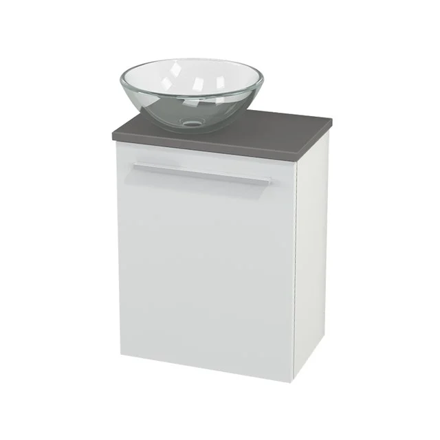 White bathroom unit with grey wooden worktop and glass countertop wash basin, modern design for stylish bathroom design.