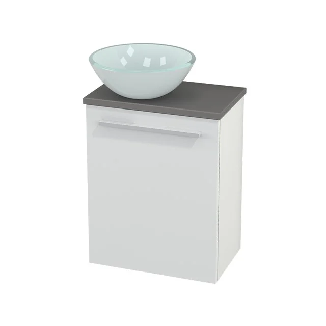Toilet unit with Countertop wash basin Glass Modulo+ Pico High-gloss white 41cm BMC000009 White bathroom cabinet with grey worktop and glass countertop wash basin, modern design for practical bathroom fittings.
