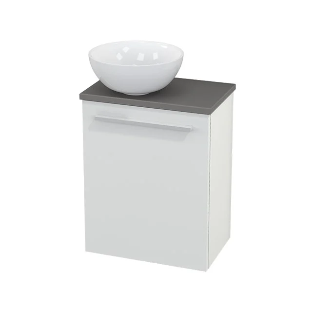 WC-Möbel mit Aufsatzwaschbecken Keramik Modulo+ Pico Hochglanz Weiß 41cm BMC000010 Weißes Badezimmermöbel mit grauer Platte und rundem keramischen Aufsatzwaschbecken, moderner Stil für kompakte Badezimmerlösungen.