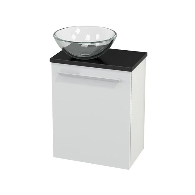 Weißes Badmöbel mit schwarzer Waschtischplatte und gläsernem Aufsatzwaschbecken, modernes Design für zeitgemäße Bäder.