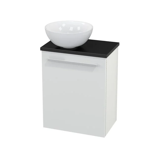 Toilet unit with Countertop wash basin Ceramic Modulo+ Pico High-gloss white 41cm BMC000017 White Bathroom cabinet with black top and round, white countertop wash basin; modern design, ideal for sleek bathroom design.