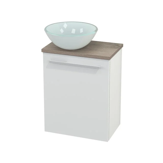 Weißes Badezimmermöbel mit Holzlook Platte und modernem Glas Aufsatzwaschbecken, ideal für eine stilvolle und kompakte Badezimmergestaltung.