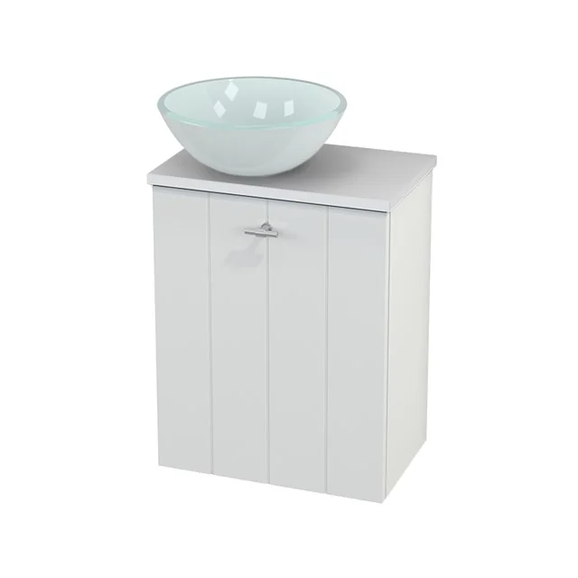 Toilet unit with countertop wash basin Glass Modulo+ Pico High-gloss white 41cm BMC000030 White bathroom unit with storage cabinet and glass basin bowl, compact design and stylish vertical slat pattern.