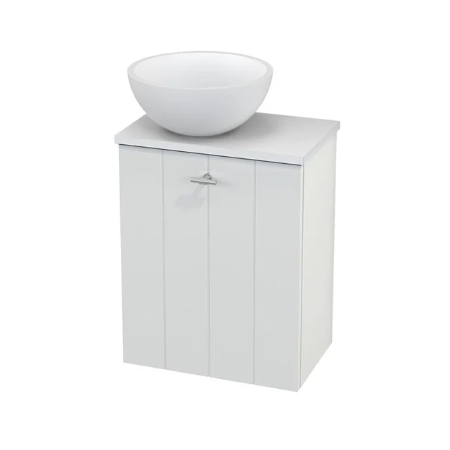 WC-Möbel mit Aufsatzwaschbecken Solid Surface Matt Modulo+ Pico Hochglanz Weiß 41cm BMC000033 Weißes Holz-Badmöbel mit Waschbecken, kompaktes Design, ideal für kleine Bäder, mit vertikaler Paneelstruktur.