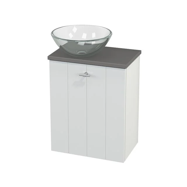 White bathroom unit with glass countertop wash basin, grey top and vertical panels, ideal storage space for a modern bathroom.