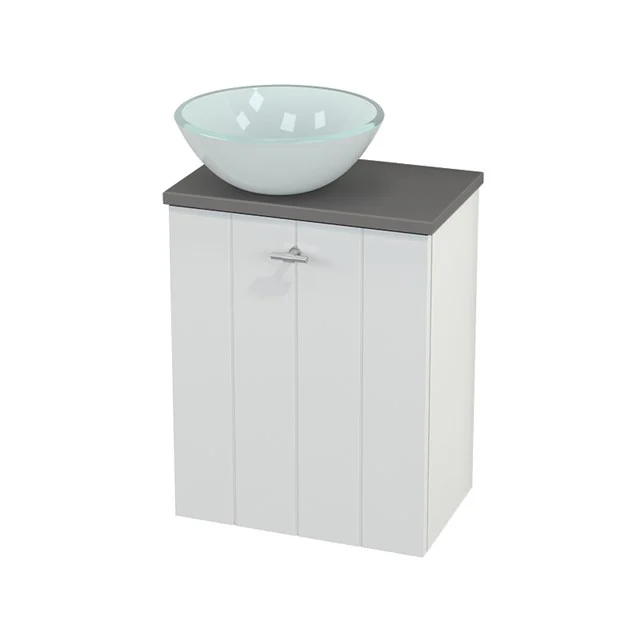 White wooden bathroom cabinet with black worktop and glass countertop wash basin, ideal for stylish bathroom storage and countertop wash basin arrangement.