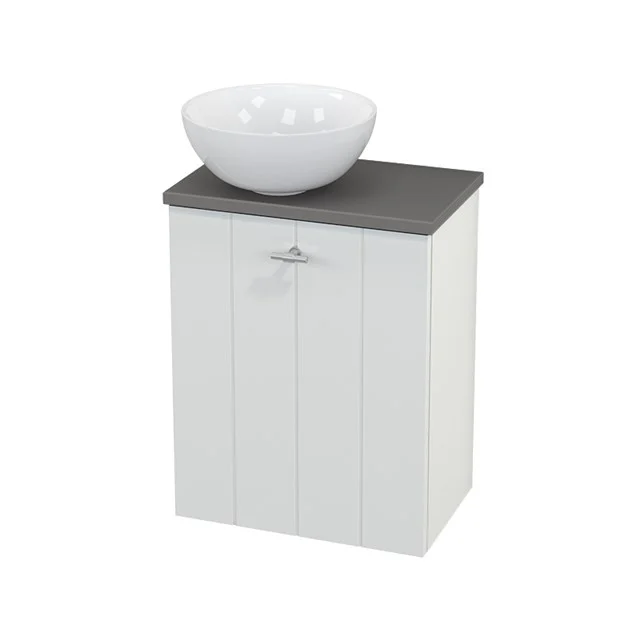 WC-Möbel mit Aufsatzwaschbecken Keramik Modulo+ Pico Hochglanz Weiß 41cm BMC000038 Weißes Badezimmermöbel mit grauer Oberseite und runder keramischer Waschbecken, ideal für eine stilvolle und praktische Badezimmergestaltung.