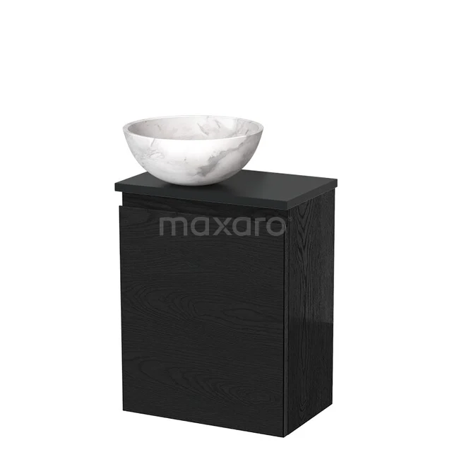 Toiletmeubel met waskom | 41 cm Zwart eiken Greeploos front Wit marmer Natuursteen waskom Mat zwart blad TMK10-13301 Toiletmeubel met waskom | 41 cm Zwart eiken Greeploos front Wit marmer Natuursteen waskom Mat zwart blad TMK10-13301