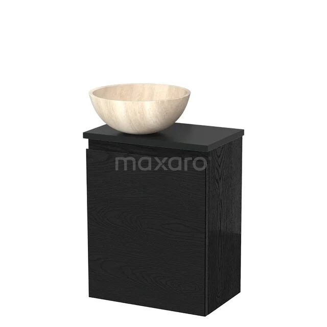 WC-Möbel mit Aufsatzwaschbecken | 41 cm Schwarze Eiche Grifflose Front Travertin Naturstein Aufsatzwaschbecken Matt Schwarz Platte TMK10-13302