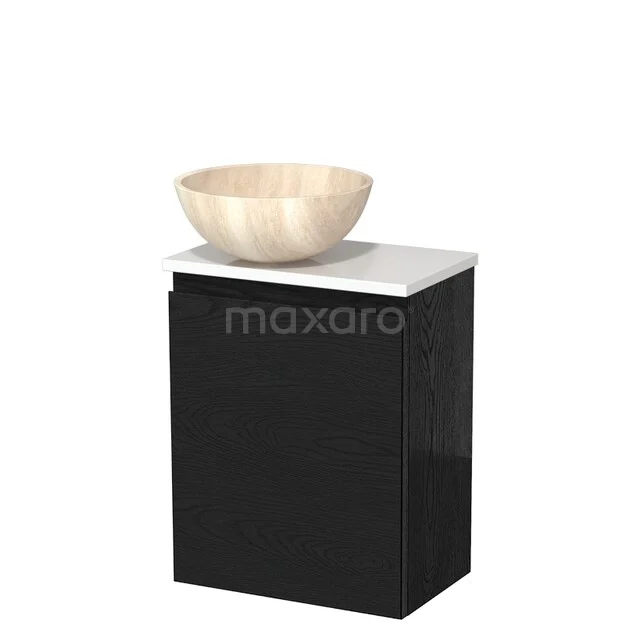Toilet unit with countertop wash basin | 41 cm Black oak Handleless front Travertine Natural stone worktop High-gloss white worktop TMK10-13328