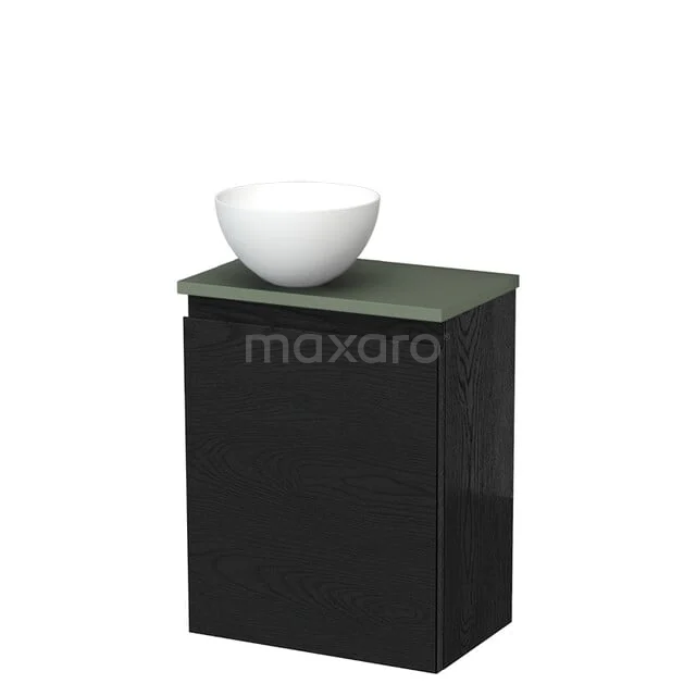 Toiletmeubel met waskom | 41 cm Zwart eiken Greeploos front Mat wit Solid surface waskom Saliegroen blad TMK10-13378