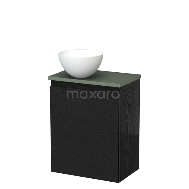 WC-Möbel mit Aufsatzwaschbecken | 41 cm Schwarze Eiche Grifflose Front Matt Weiß Aufsatzwaschbecken Salbeigrüne Platte TMK10-13378