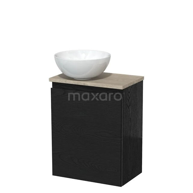 WC-Möbel mit Aufsatzwaschbecken | 41 cm Schwarze Eiche Grifflose Front Hochglanz Weiß Keramik-Aufsatzwaschbecken Hellgraue Eiche Platte TMK10-13411 WC-Möbel mit Aufsatzwaschbecken | 41 cm Schwarze Eiche Grifflose Front Hochglanz Weiß Keramik-Aufsatzwaschbecken Hellgraue Eiche Platte TMK10-13411