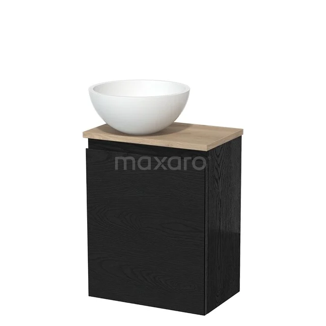 Toiletmeubel met waskom | 41 cm Zwart eiken Greeploos front Mat wit Solid surface waskom Lichtbruin eiken blad TMK10-13429