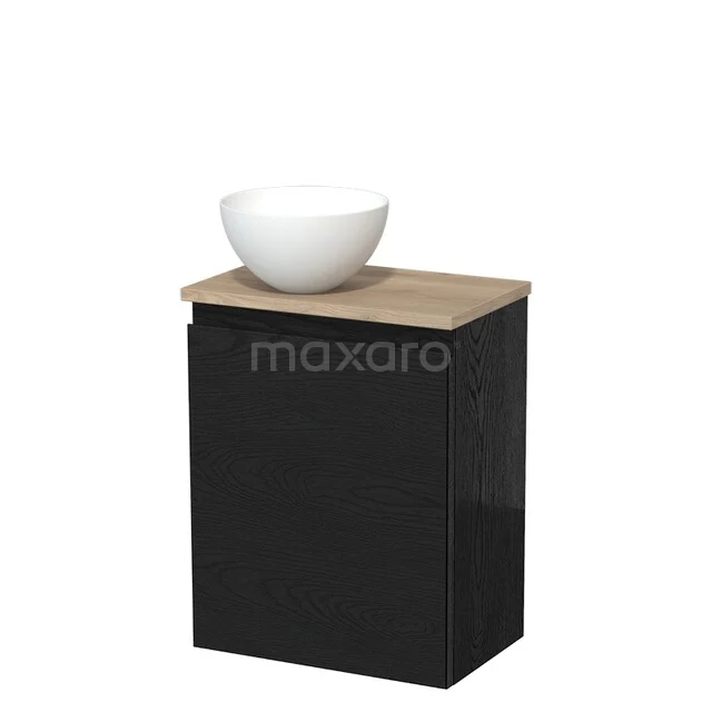 Toiletmeubel met waskom | 41 cm Zwart eiken Greeploos front Mat wit Solid surface waskom Lichtbruin eiken blad TMK10-13430